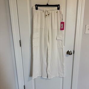 Betsy Johnson White 100% Cotton Gauze Wide Leg ‎ Cargo Pants Size Small Beach